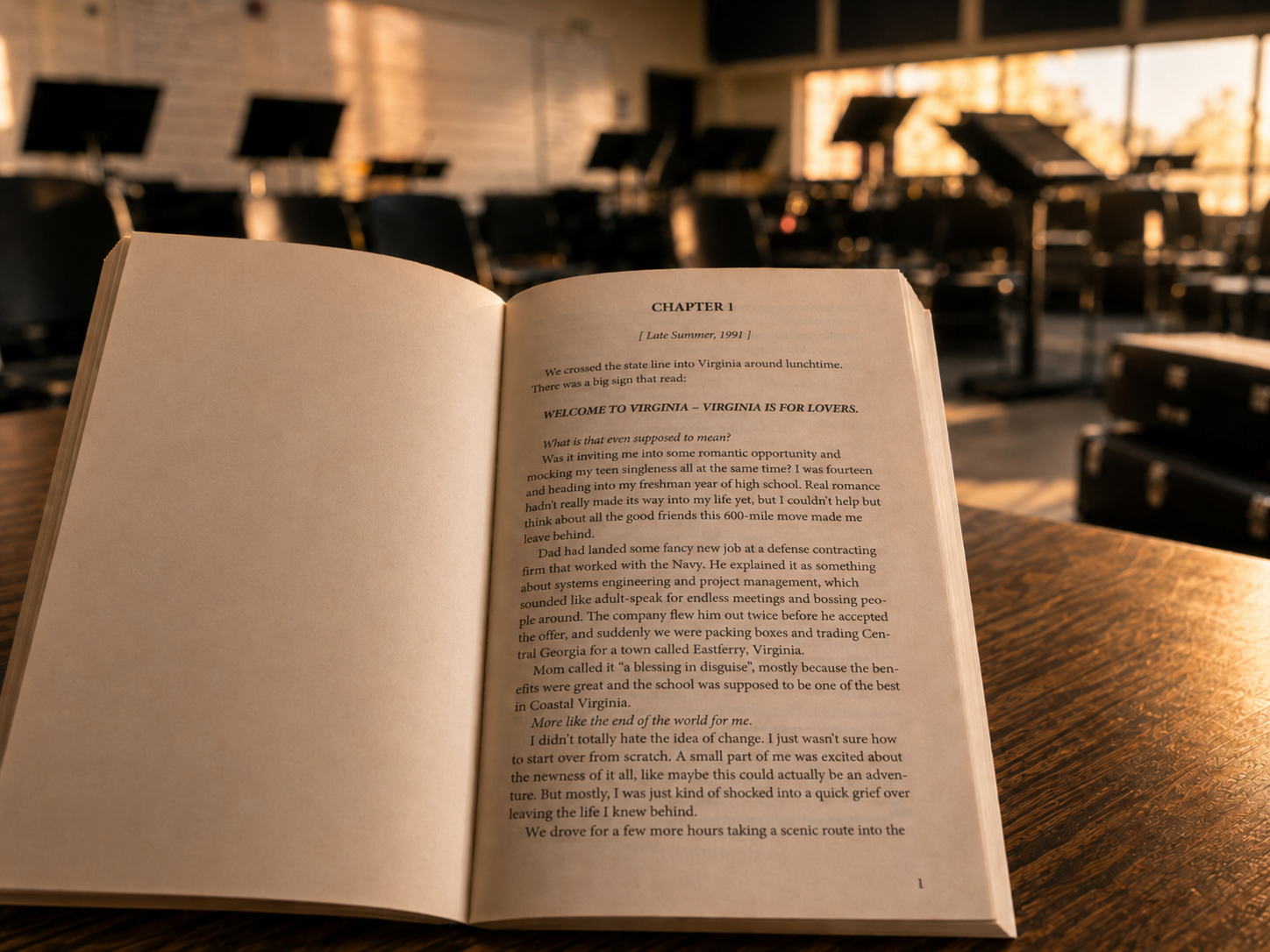 An open copy of Into the Rising Storm, Book 1 of Me & the Marching Bands, sits in a band room with music stands and warm rehearsal-room light behind it.