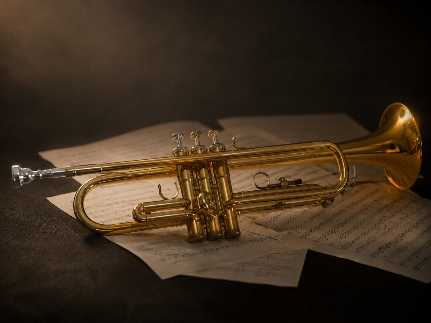 A brass trumpet rests horizontally on scattered sheets of music in warm, cinematic light.